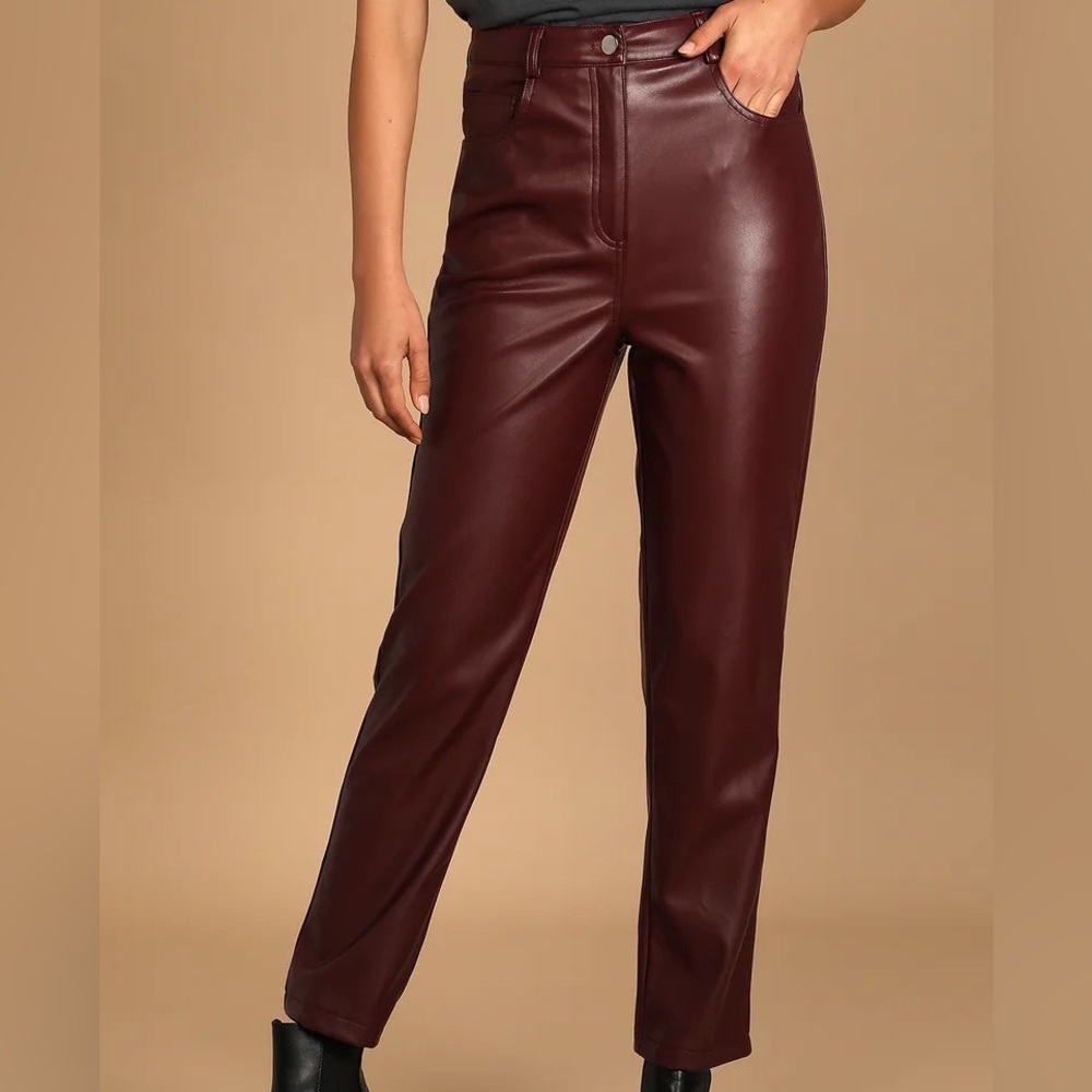 NWT. Lulu’s Burgundy Vegan Leather Straight Leg Pants